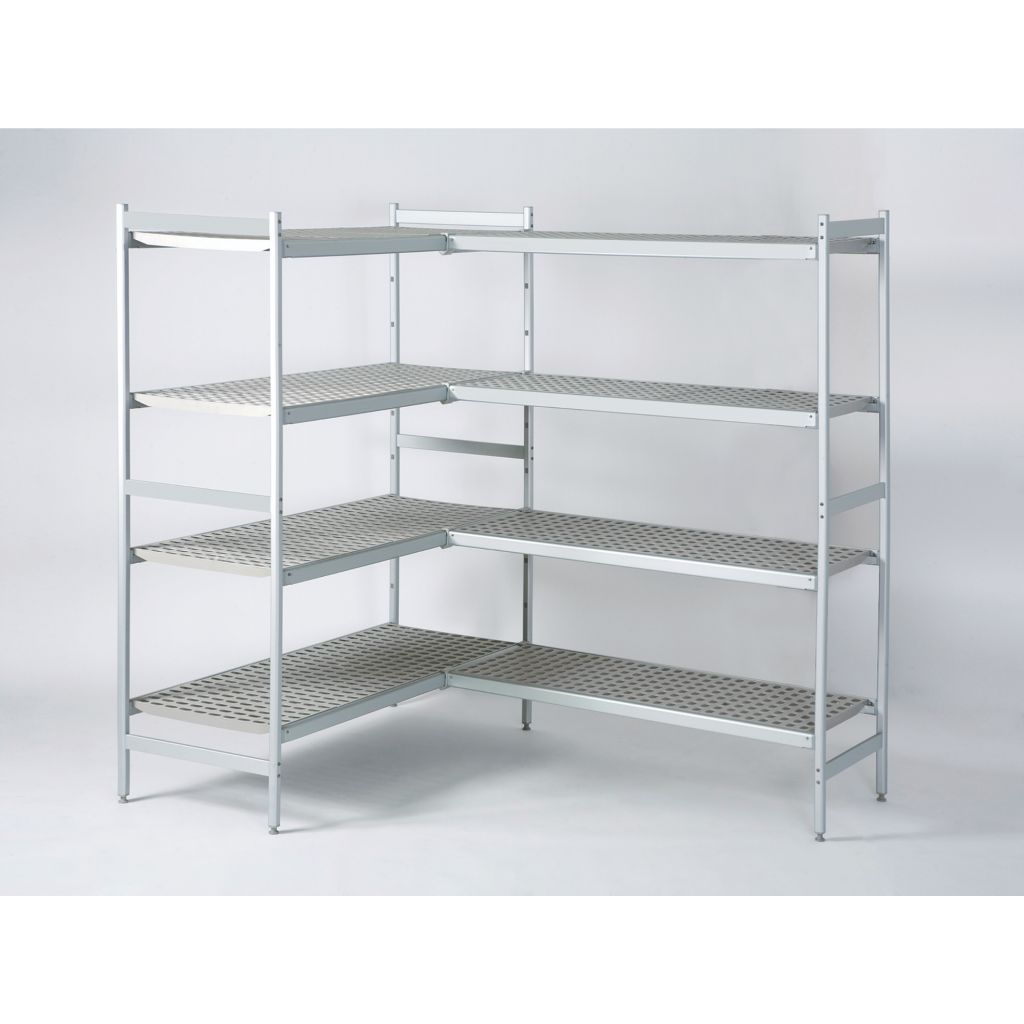 Racks in  aluminium with perforated synthetic grids.
L rack setup: 2700x1500x1700mmH
