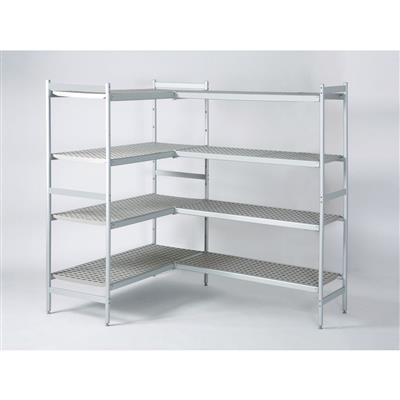 Racks in  aluminium with perforated synthetic grids.
L rack setup: 1800x1800x1700mmH